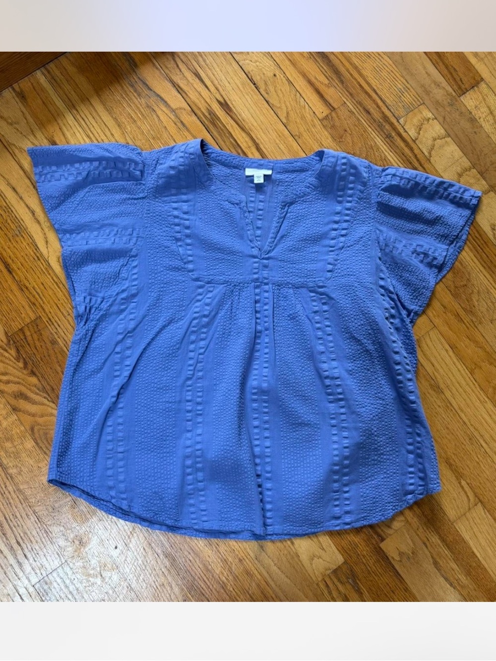 Purple J. Jill cotton textured flutter sleeve split neck blouse size large